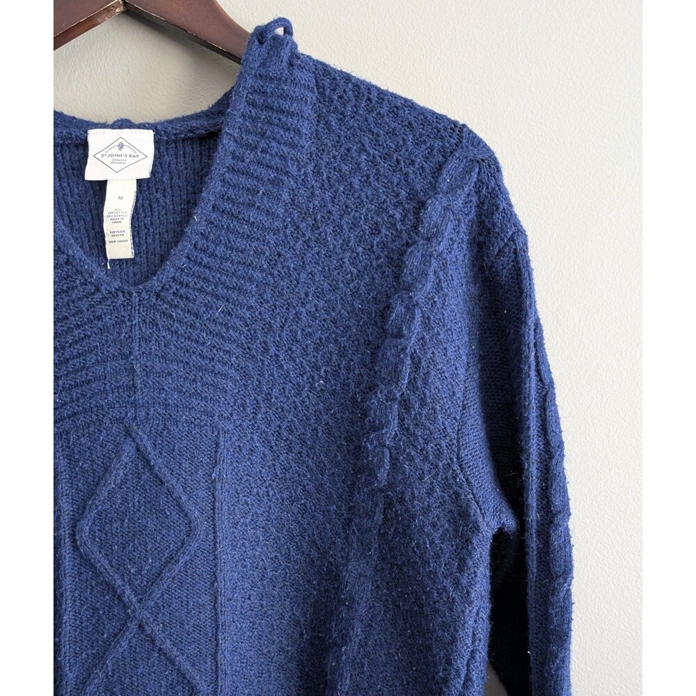 St. John's Bay Womens Medium Blue Hooded Cable Knit Sweater V-Neck Pullover M - Picture 3 of 5